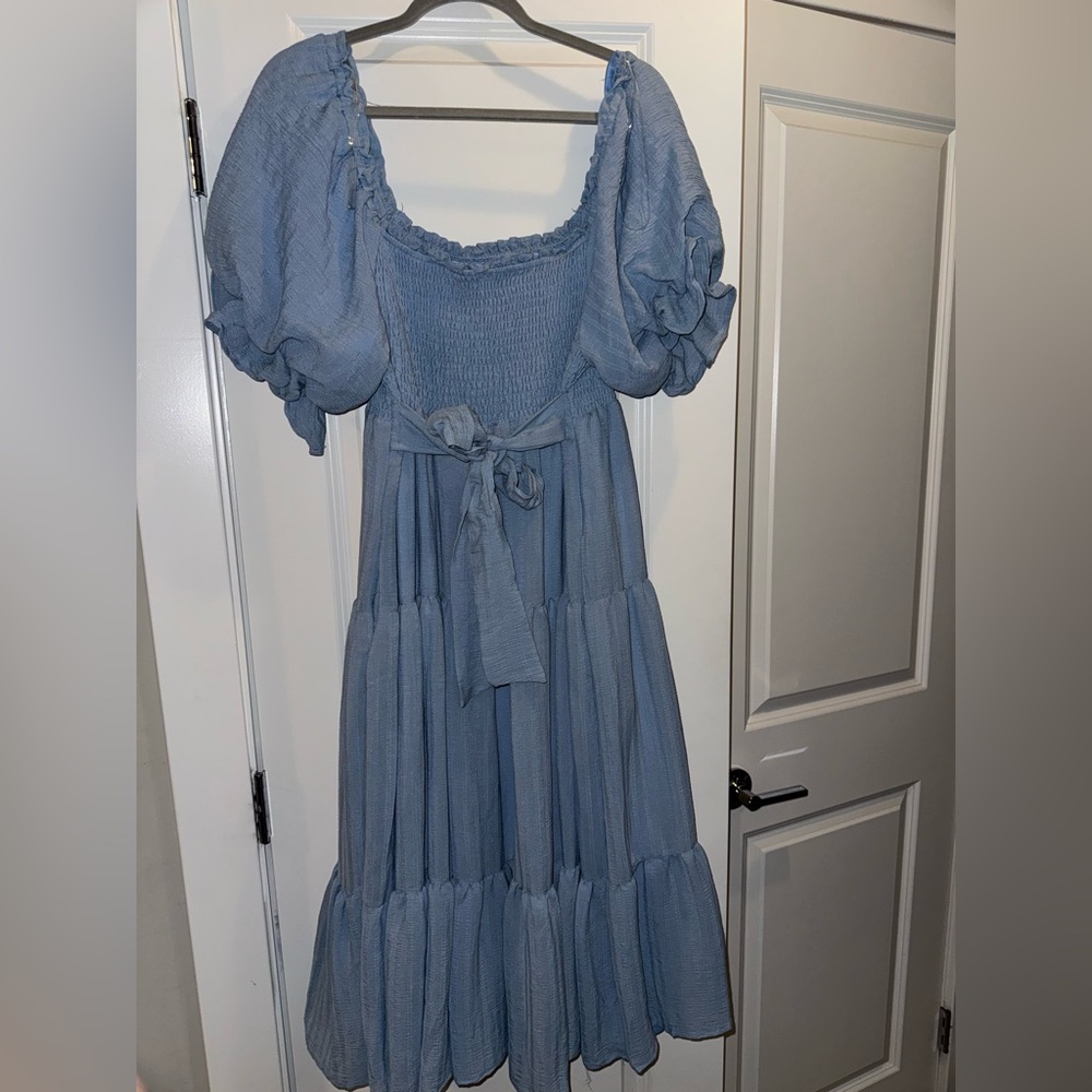 Altar'd State Light Blue Puff-Sleeve Tiered Midi Dress size L